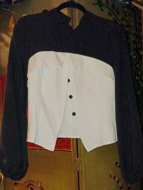 Two-Tone Black and White Button Front Blouse